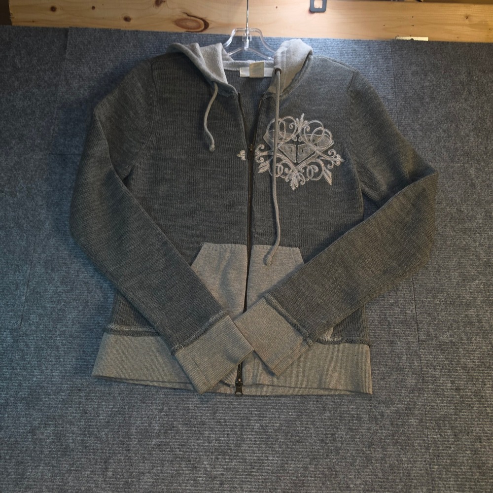 Roxy Hoodie Women Medium Gray Good Embroidered Waffle Knit Zip Up Y2K Surf